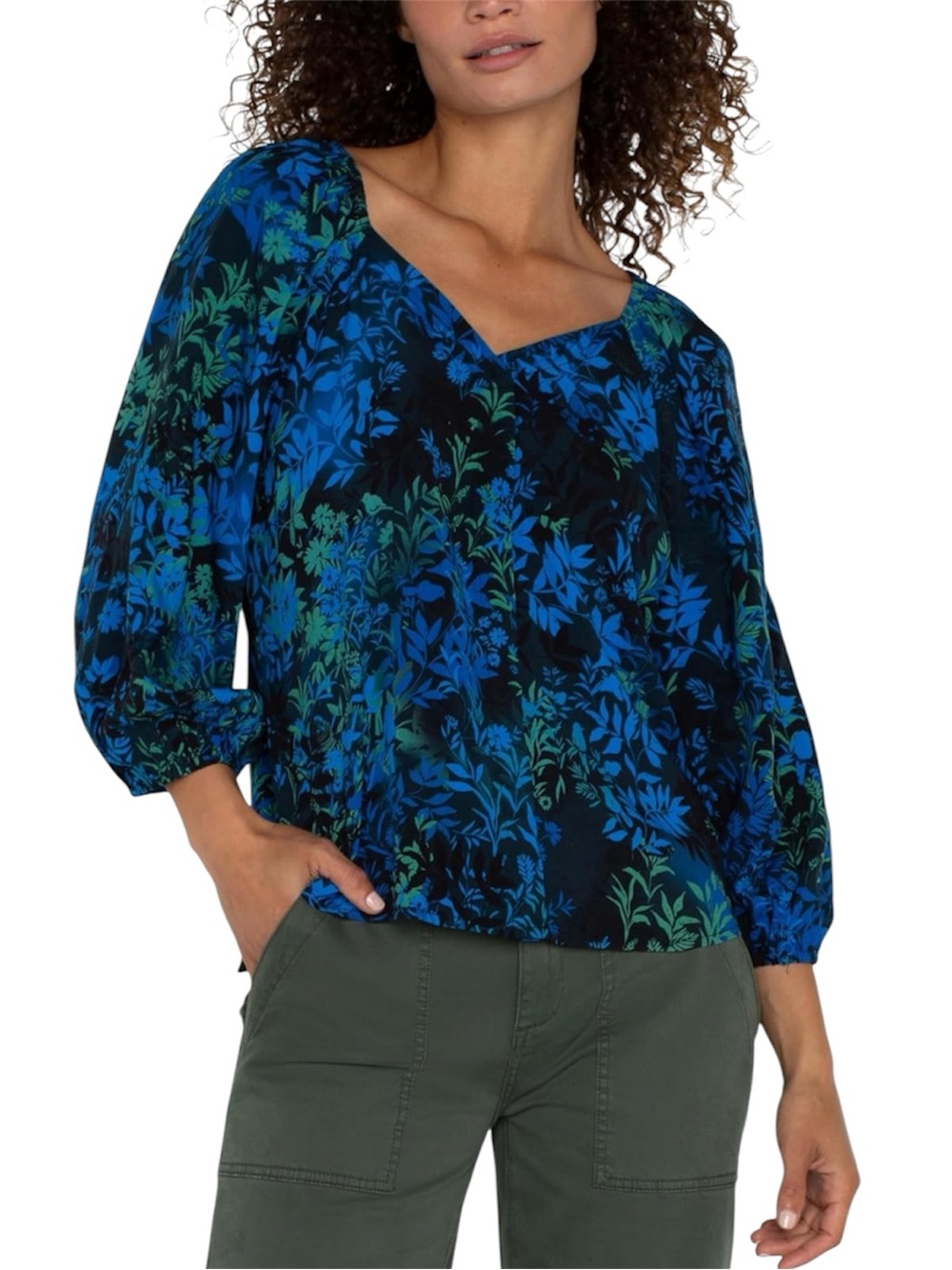 NWT Liverpool 3/4 Sleeve Sweetheart Neck Blouse Blue Topaz Multi Sz L
